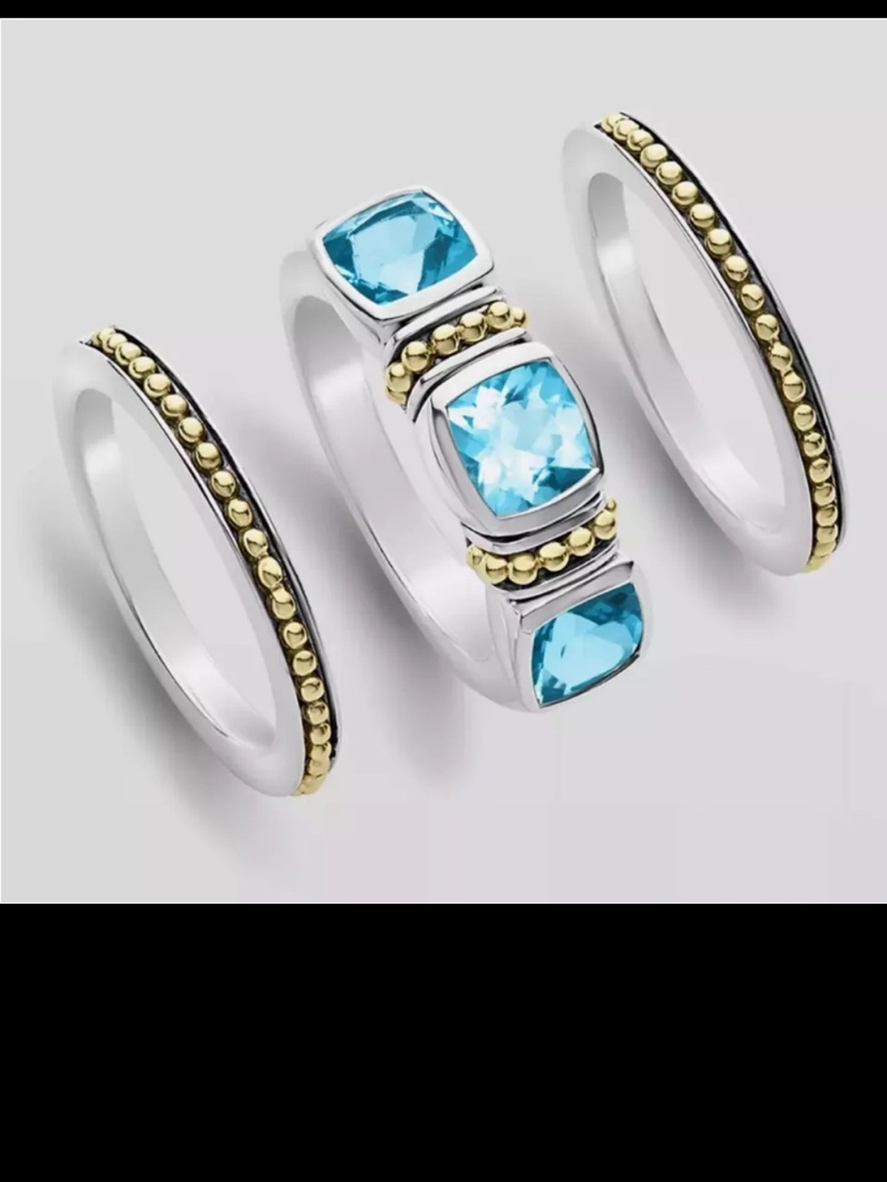 BNWT LAGOS 18kt gold SS blue topaz Rittenhouse 3 piece stack ring set. Size 7.